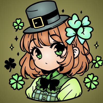 a manga-style girl with clovers around her, a little hat in her hair, like it's saint patrick's day