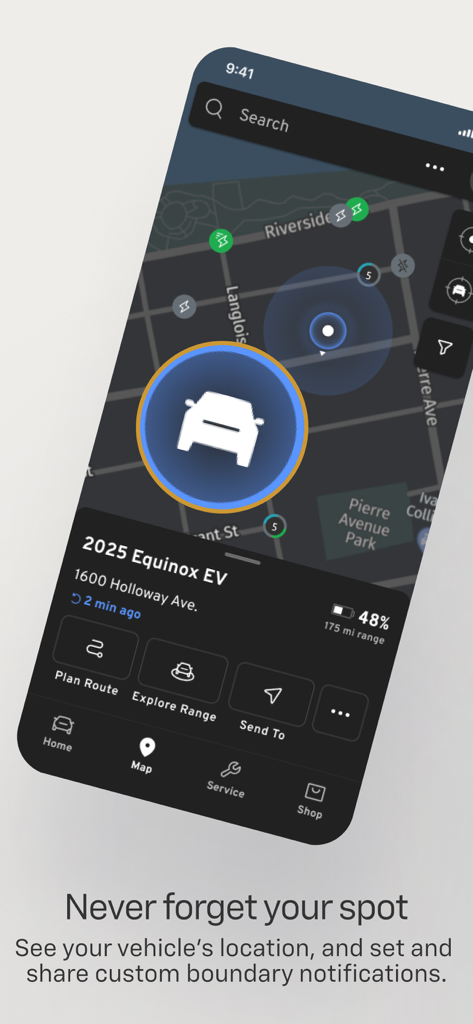 The myChevrolet app map interface showing the location and battery range of a 2025 Equinox EV