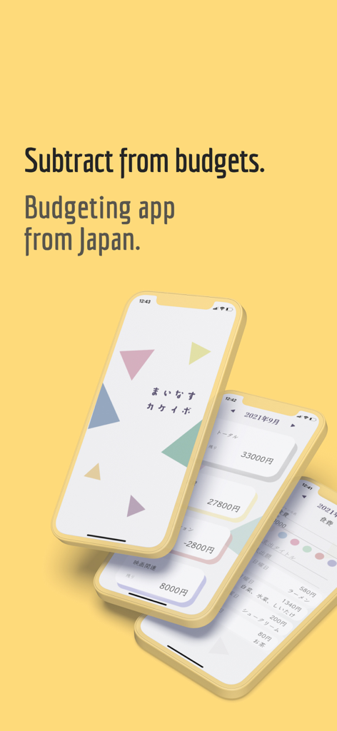 Minus - Simple Money Manager - Interfaz minimalista de la aplicación de gestión de dinero Minus mostrada en tres teléfonos móviles