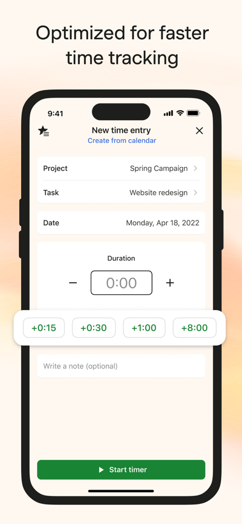 Harvest: Track Time & Invoice - Ein mobiler Bildschirm aus der Harvest-App, der Optionen zur Zeiterfassung für eine Projekt-Aufgabe anzeigt.