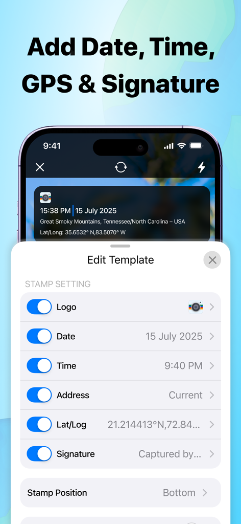 Customizable stamp settings for date, time, GPS location, and signature on photos.