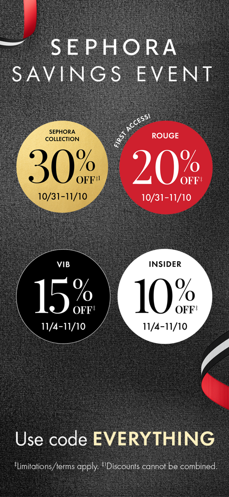 Sephora US: Makeup & Skincare - Sephora Savings Event promotion showing different discount percentages for Beauty Insider membership tiers