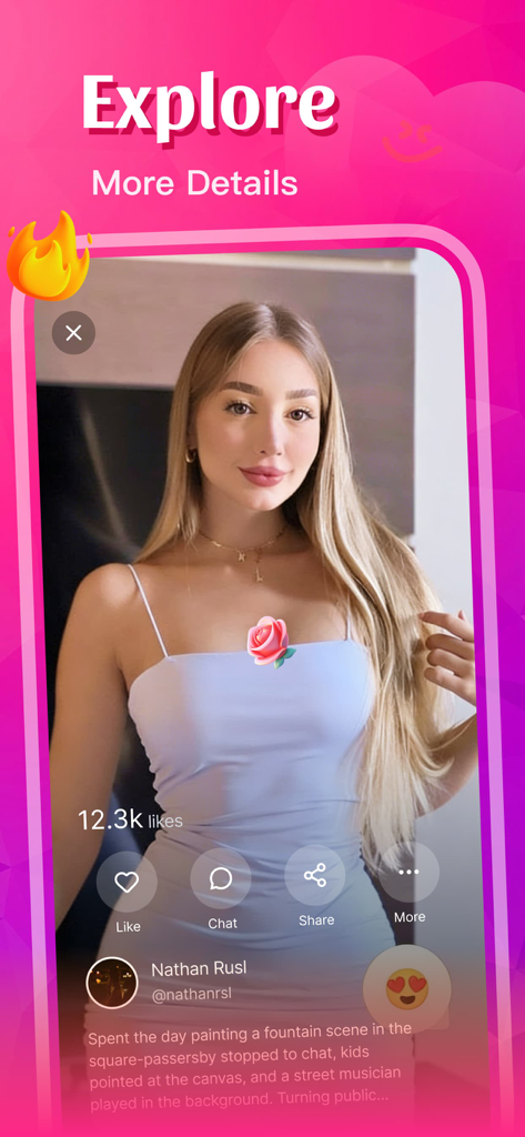 Tata - Chat, Explore, Fun - Tata app explore interface showing a user post with photo and social engagement buttons