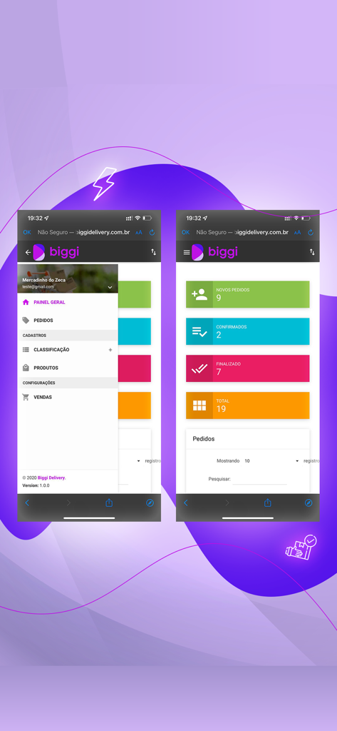 Biggi Delivery - Dos pantallas que muestran el panel de control del comerciante de Biggi Delivery con estadísticas de pedidos y un menú de navegación lateral.