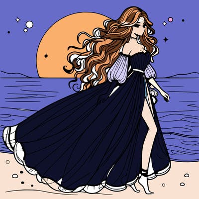 beautiful woman with a vaporous long dress walking on the beach at the noon, detailed art