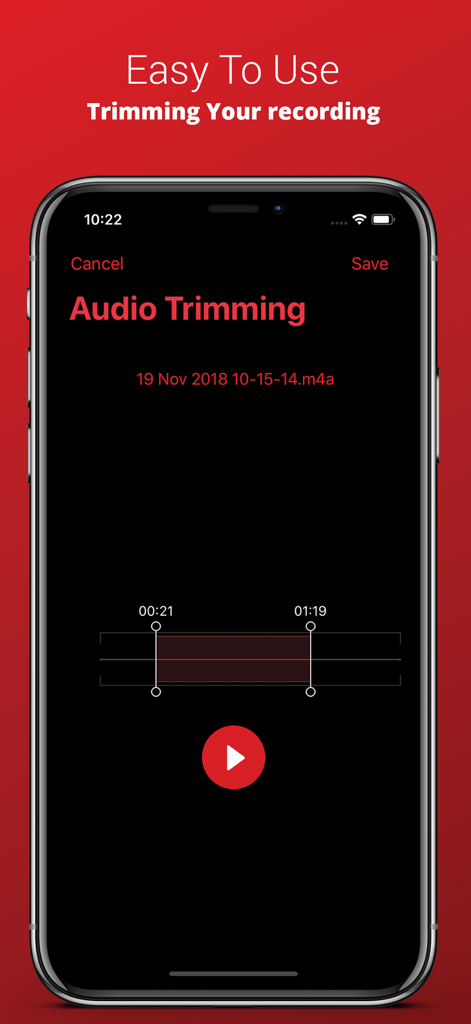 Voice Recorder Plus Pro audio trimming interface on an iPhone
