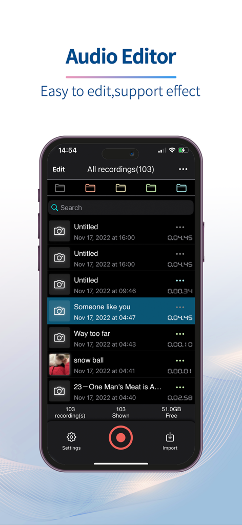 Recorder Plus - Audio Editor - Recorder Plus Audio Editor mobile app interface showing a list of audio recordings on an iPhone