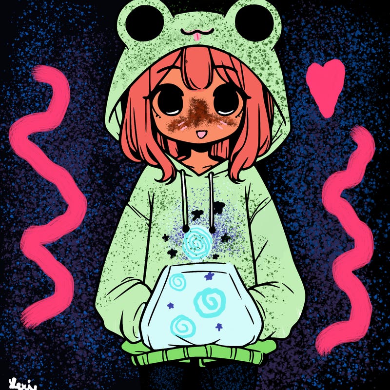 girl with baggy sweatshirt and frog hood