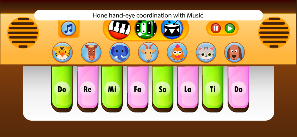 An interactive digital piano game for toddlers with colorful musical notes and friendly animal icons.