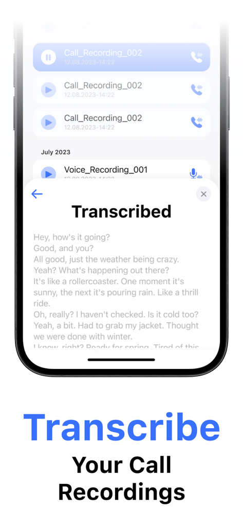 Phone Call Recorder ACR* - Una pantalla de aplicación móvil mostrando una transcripción de texto de una conversación telefónica grabada.
