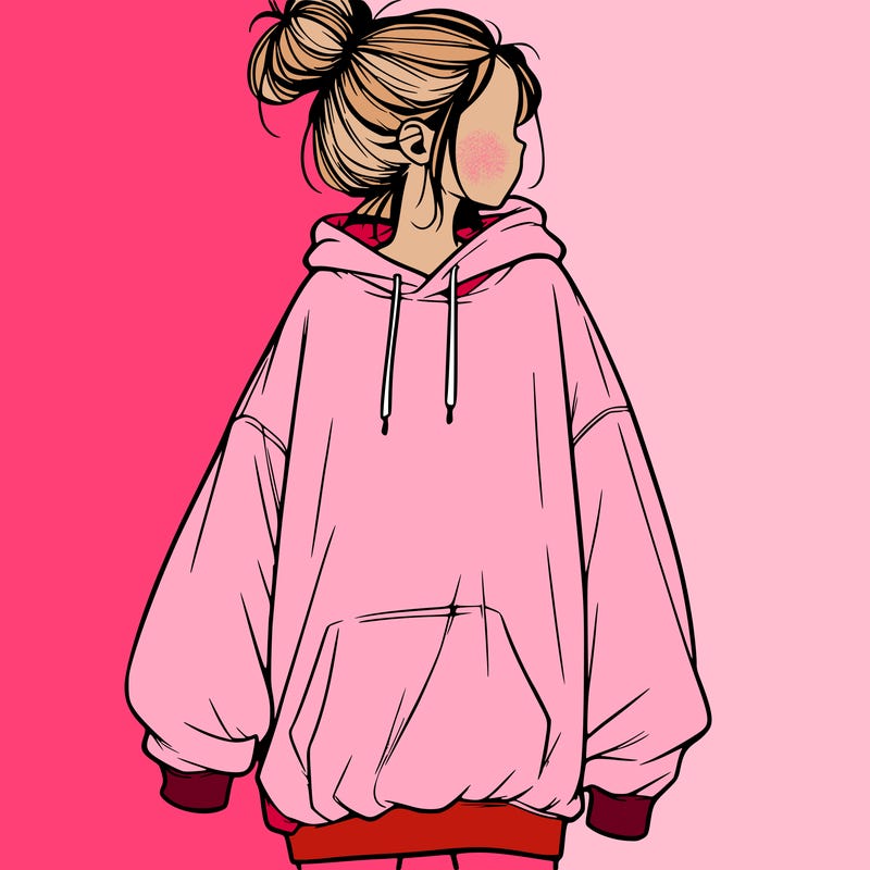 realistic girl with a oversized sweatshirt on and a bun