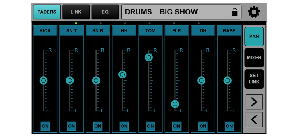 MyMon app interface showing pan controls for drum and bass channels