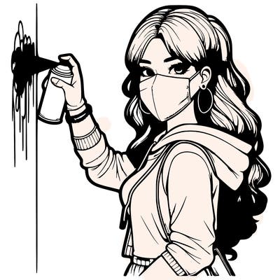 realistic girl with mask spray painting a wall