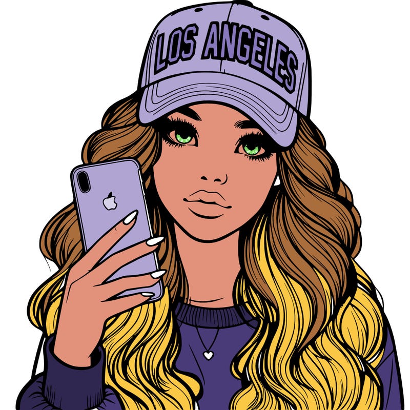 realistic beautiful girl wearing los ángeles cap holding an iphone