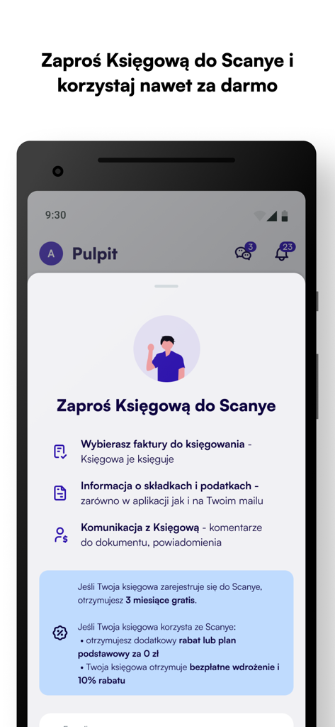 Scanye 2.0 - A mobile app screen for Scanye 2.0 showing a feature to invite an accountant for integrated invoice management and tax communication.