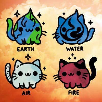 4 cats that represent the different elements, earth, water, air, and fire