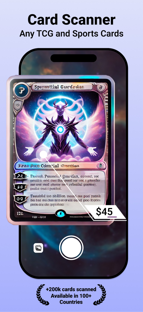 TCG & Sports Card Scanner - A smartphone interface scanning a trading card to display its current market price of 45 dollars.