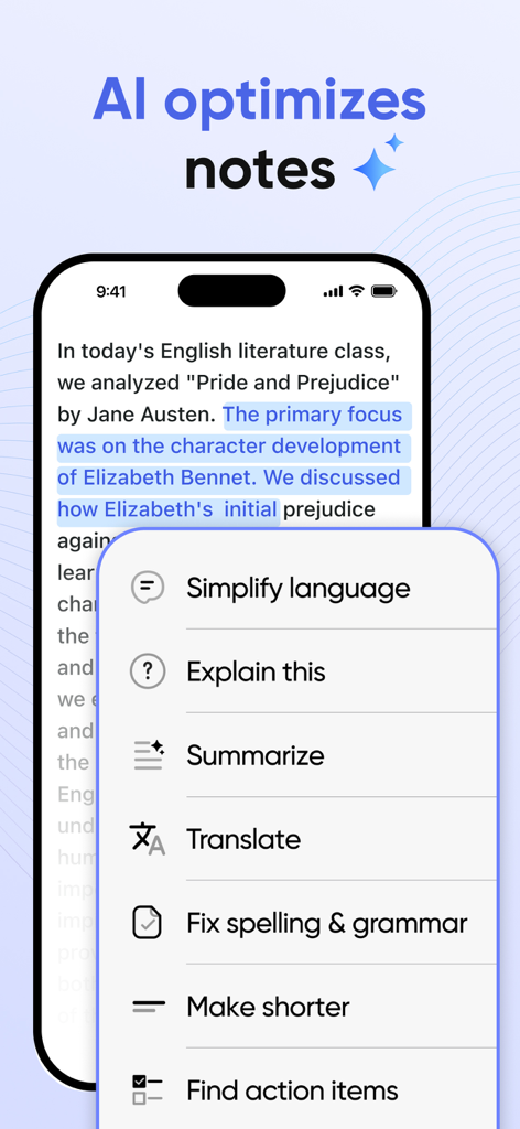 AI Notebook & Voice Memo - AI Notebook app showing a menu to optimize text with features like summarize translate and fix grammar