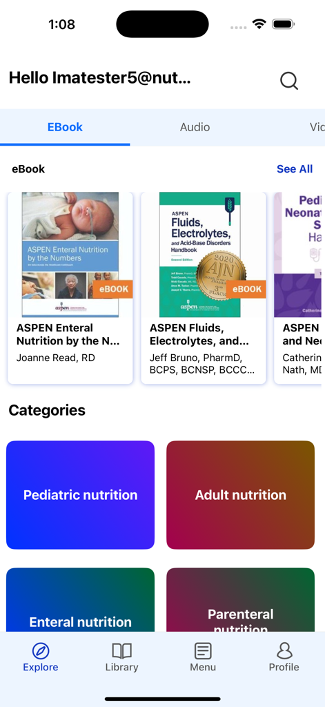 ASPEN 전자책 앱 탐색 화면, 의료 영양 서적 표지와 카테고리 탐색 타일 표시