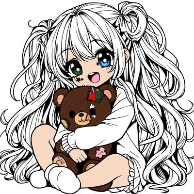manga girl, long curly hair, happy, cuddling a teddy bear