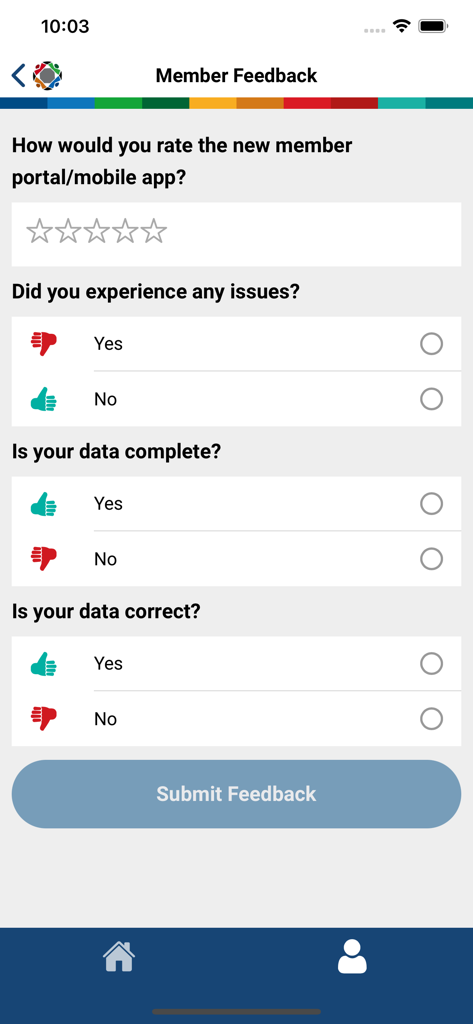 Member feedback screen in the GEMS Member app with survey questions and rating options
