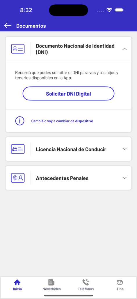 Interfaccia dell'app Mi Argentina che mostra le opzioni per la carta d'identità digitale e la patente di guida nazionale