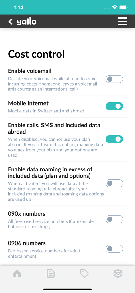 Interfaccia di controllo dei costi dell'app mobile yallo con impostazioni per roaming e utilizzo dati