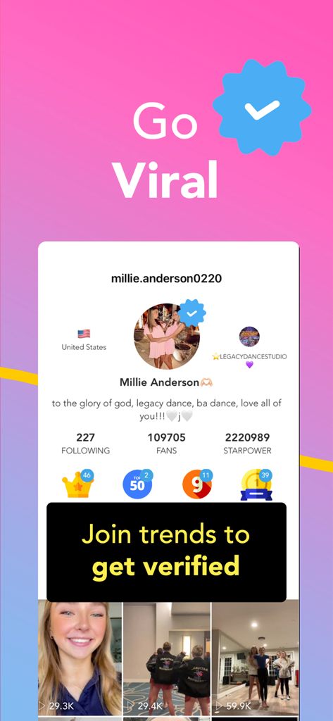 Coverstar - Positive Social - Um perfil de usuário verificado no aplicativo Coverstar exibindo contagem de fãs e starpower.