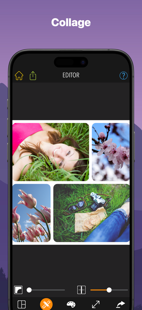 PicPoc - Photo Editor AI - Mobile interface of PicPoc photo editor showcasing the collage creation feature with multiple images.