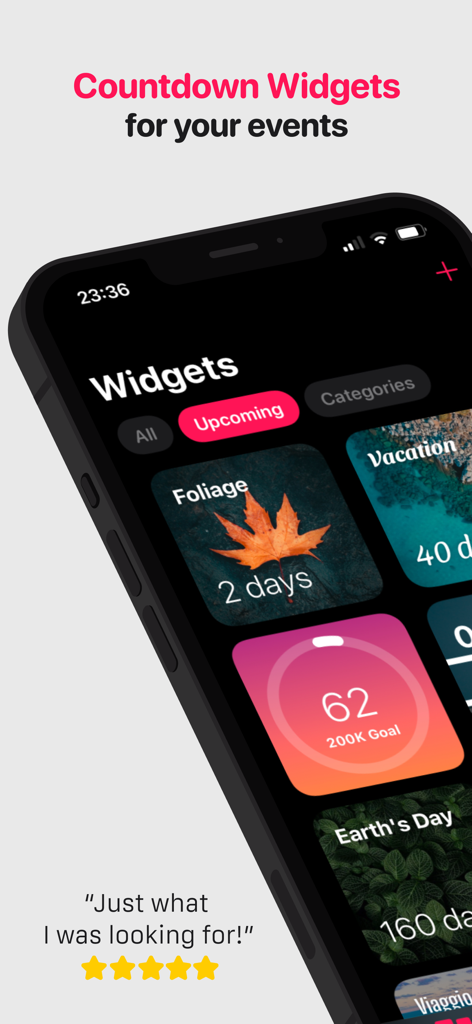 Countdown Widget Plus - An iPhone screen displaying various aesthetic countdown widgets for events like foliage and vacation with a 5-star user review