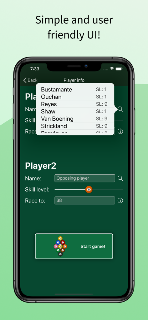 Screen for selecting player names and skill levels in the Pool Scoreboard app