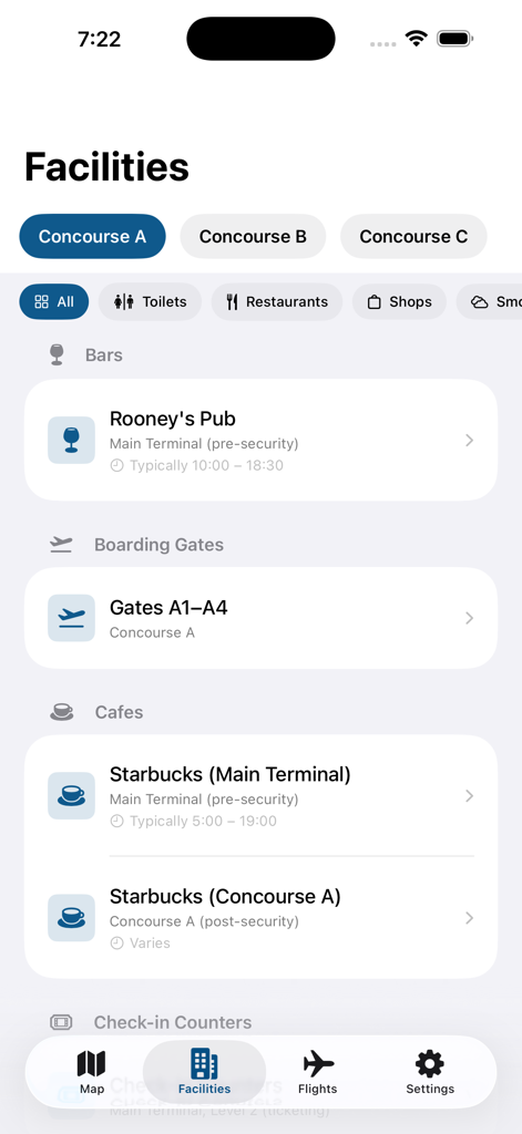 Palm Beach Intl PBI Airport - Facilities menu in the PBI airport app showing bars gates and cafes in Concourse A