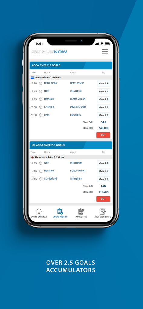 GoalsNow app interface displaying soccer accumulator tips for over 2.5 goals