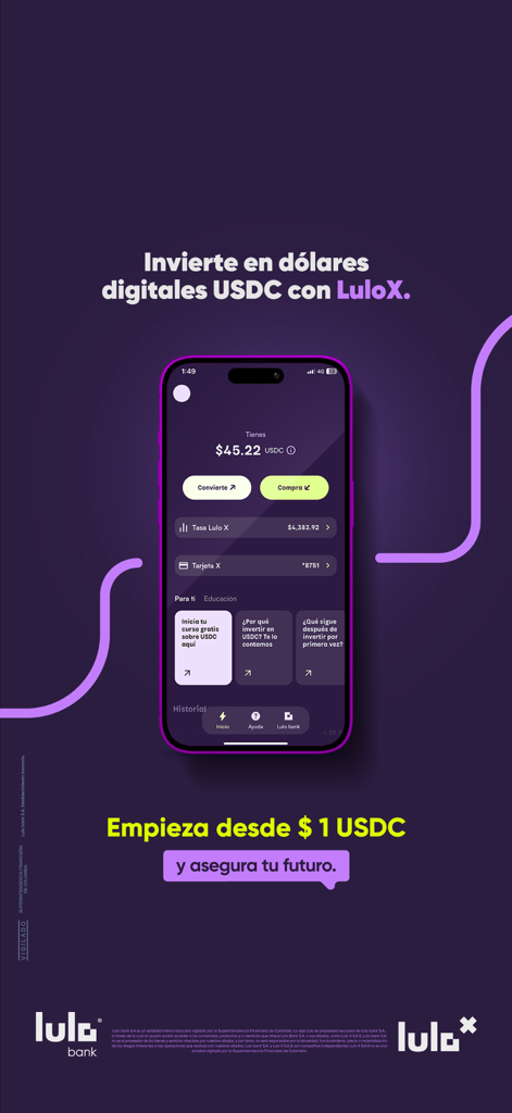 Lulo Bank mobile app screen showing digital dollar USDC investment options through LuloX
