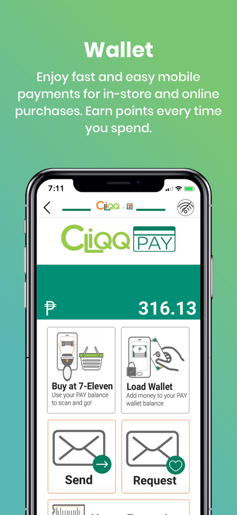 Mobile wallet screen of the CliQQ app showing payment and reward features for 7-Eleven stores