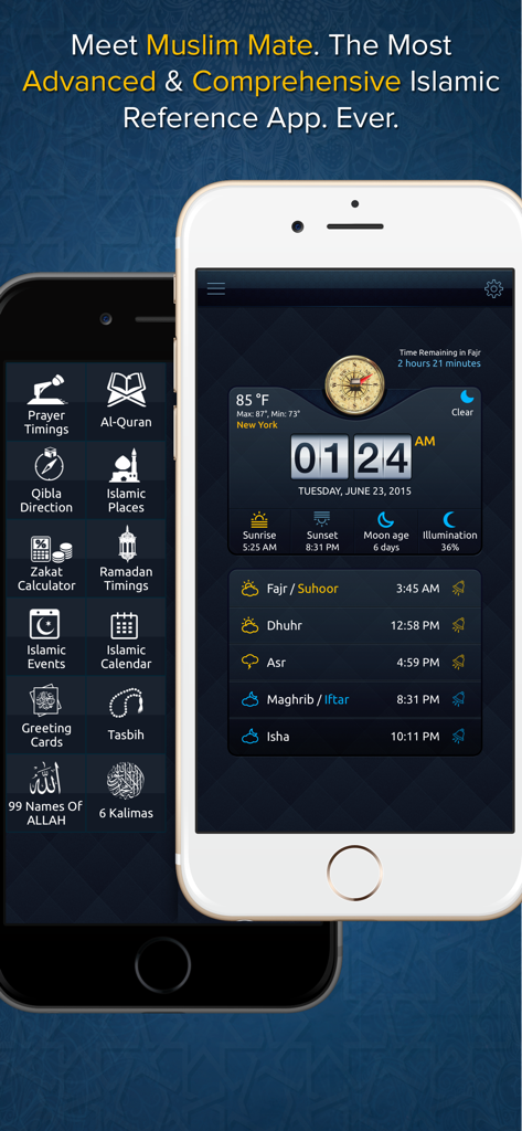 Muslim Mate Pro - Ramadan 2020 - Interface of the Muslim Mate Pro app displaying prayer timings and a menu of Islamic features like Al-Quran and Qibla direction