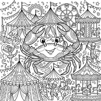Join a cheerful blue crab at a vibrant carnival in this exciting coloring page designed for teens. Featuring intricate details of circus tents, performers, and classic fairground rides, it promises a creative and engaging coloring experience.