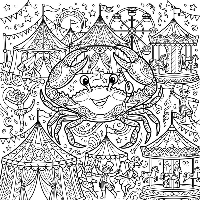Join a cheerful blue crab at a vibrant carnival in this exciting coloring page designed for teens. Featuring intricate details of circus tents, performers, and classic fairground rides, it promises a creative and engaging coloring experience.