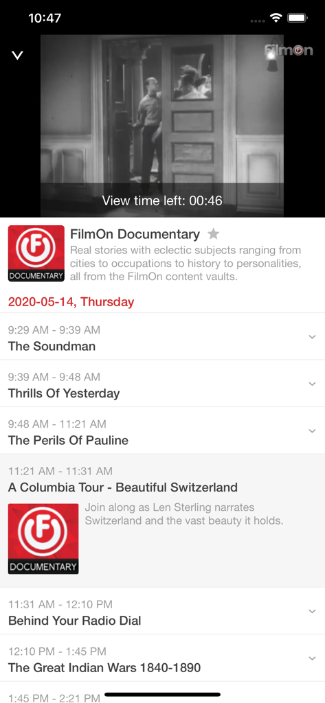 FilmOn Live Television app screen showing the documentary channel schedule with classic film titles and a video player.