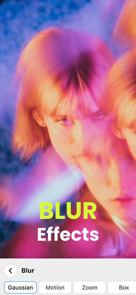 Motion Blur Photo Editor - モーションブラー写真編集アプリのインターフェースで、GaussianとMotionぼかしのオプションが表示された、ドリーミーなモーションブラー効果を持つ女性の顔。