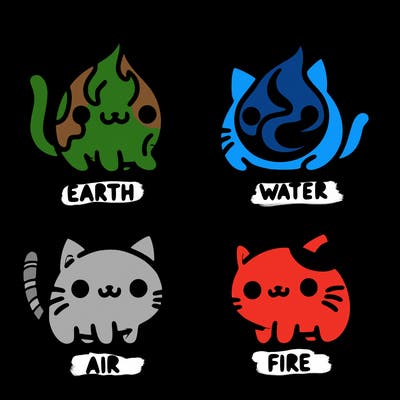 4 cats that represent the different elements, earth, water, air, and fire