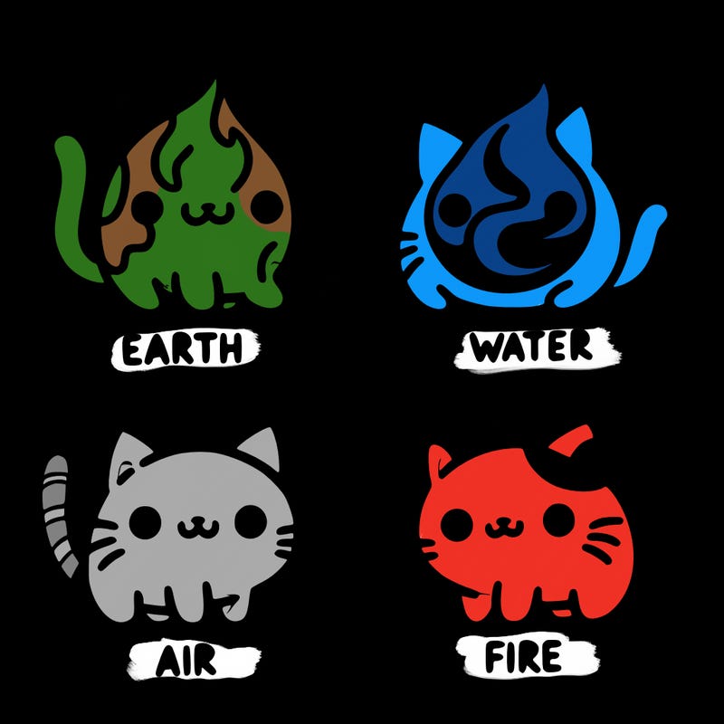 4 cats that represent the different elements, earth, water, air, and fire