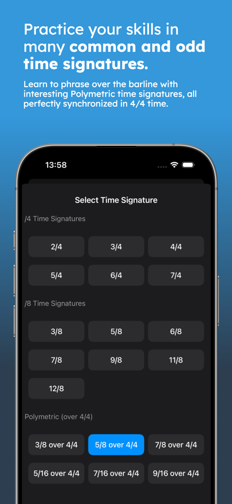 Metric Flow - Interfaz de la aplicación Metric Flow mostrando opciones para seleccionar compases comunes, impares y polimétricos.