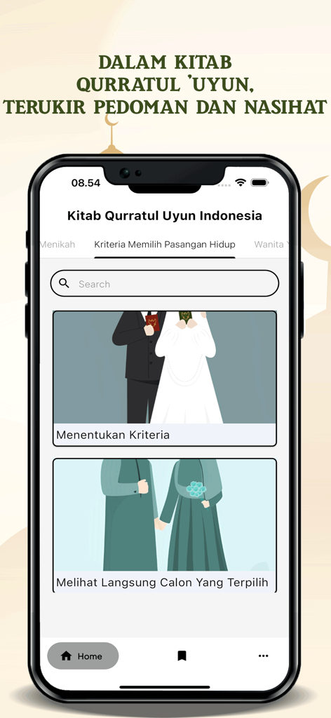 Kitab Qurratul Uyun Indonesia - Kitab Qurratul Uyun Indonesia app interface showing Islamic marriage advice and spouse selection criteria.