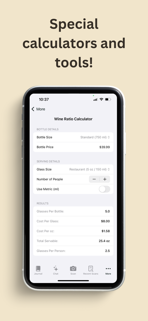 VinoVision: Wine Scanner - VinoVision app interface showing a wine ratio calculator with bottle and serving details