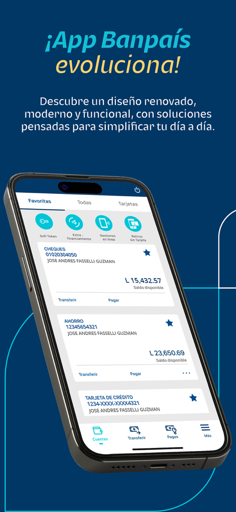 Banpaís - Écran de l'interface bancaire mobile Banpaís affichant les résumés des comptes bancaires et les options financières