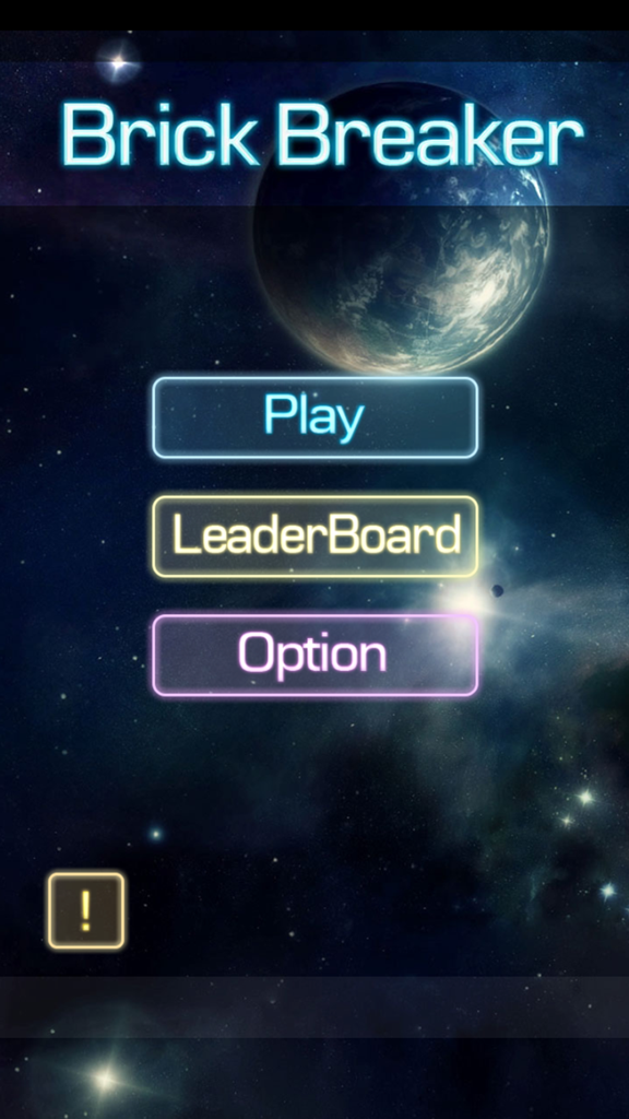 Brick Breaker Classic 2016 - Ultimate Revolution - Main menu of the Brick Breaker Classic game with neon buttons and a space theme background.