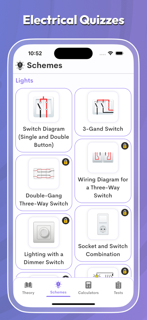 Electrical Tools & Reference - Tela do aplicativo elétrico mostrando vários esquemas e diagramas de fiação de interruptores de luz.