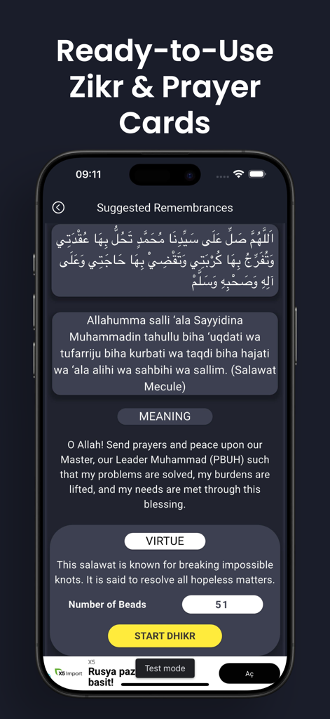 Mobile screen displaying a Zikr prayer card with Arabic text and English translation