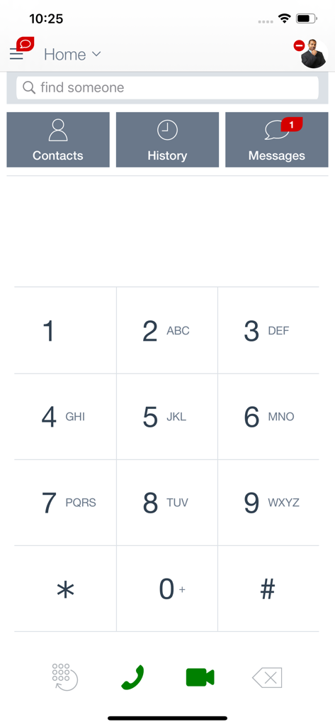 The numeric keypad and main navigation screen of the Avaya Workplace mobile app interface.